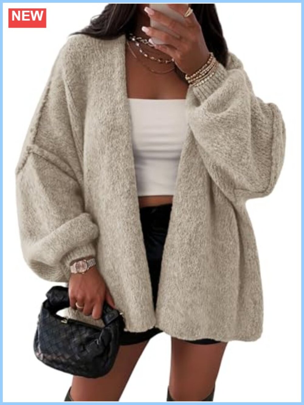 Oversized Knit Cardigan with Lantern Sleeves for Women